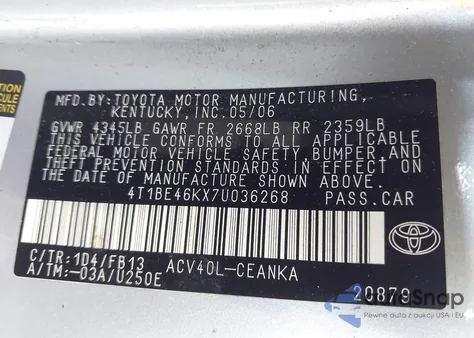 2007 Toyota Camry Ce из США, поврежденный, VIN 4T1BE46KX7U036268